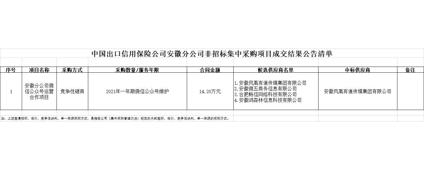 安徽分公司非招标集中采购项目成交结果公告清单